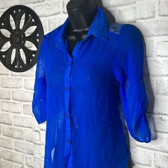 Wet Seal COBALT BLUE Tie Front Sheer Blouse Top Shirt Size XS - Picture 4 of 5